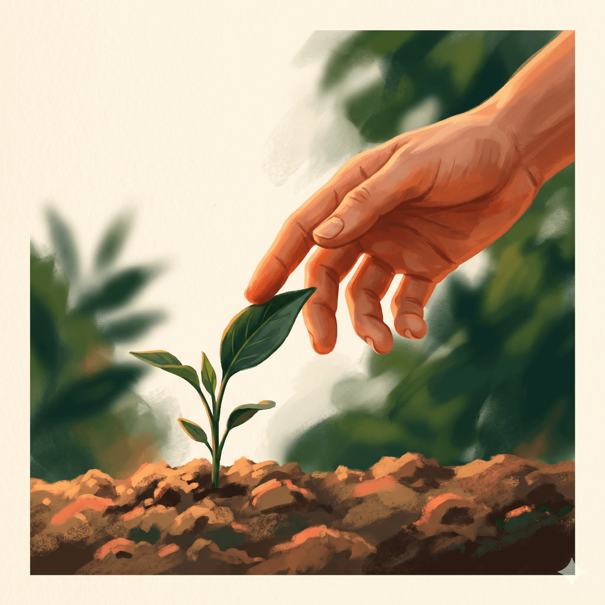 Ilustração pictórica de uma mão tocando uma folha — metáfora da colaboração entre humano e ferramenta